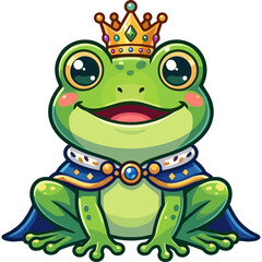 Obraz premium A cartoon frog wearing a crown and cape sits happily outdoors.