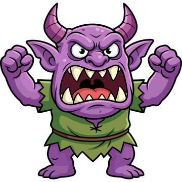 A purple monster with horns and sharp teeth appears angry and fierce.