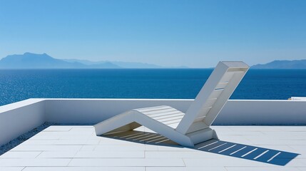 Obraz premium Modern white chaise lounge on a sunny terrace overlooking the deep blue ocean and distant mountains