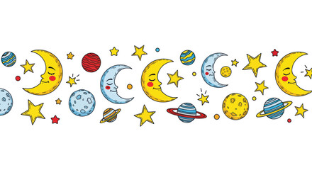 Sleeping crescent moons and colorful planets with stars © linggo