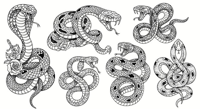Coiled snakes and cobras in traditional tattoo style