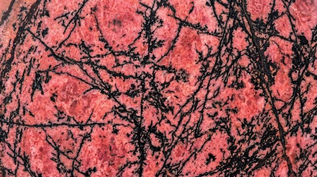 Close-up macro photography featuring a polished slab of natural rhodonite gemstone showing vibrant deep pink mineral textures interlaced with intricate black dendritic manganese oxide fern patterns