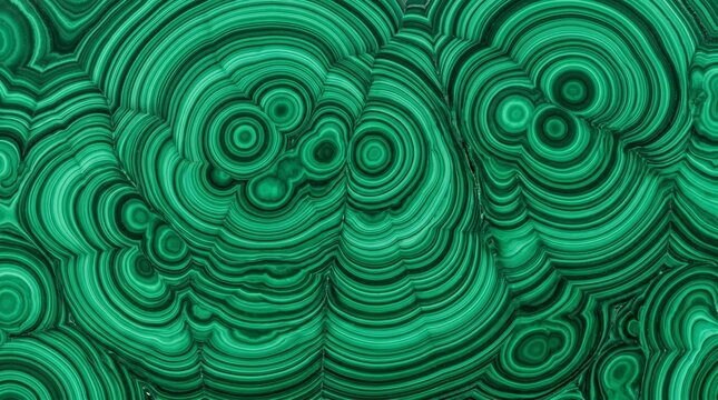 Natural malachite stone background featuring deep green vibrant circular patterns and concentric bands of rich mineral texture creating a sophisticated abstract surface design for elegant visual decor