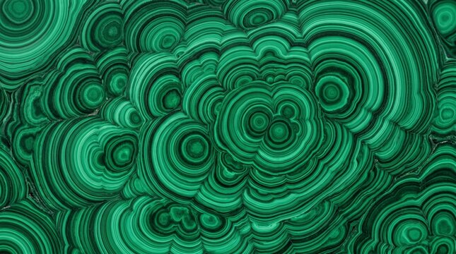 Natural malachite stone background featuring deep green vibrant circular patterns and concentric bands of rich mineral texture creating a sophisticated abstract surface design for elegant visual decor
