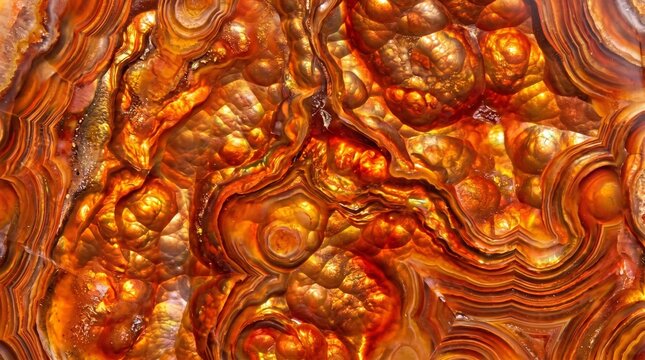 Macro shot of fire agate gemstone surface showing iridescent shimmering botryoidal formations and intricate layered chalcedony bands creating a glowing golden orange texture for artistic backgrounds