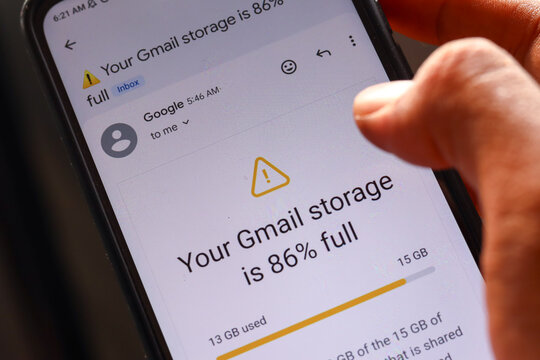 Google Gmail storage usage warning displayed on a smartphone screen. Depok, Indonesia 17 June 2026