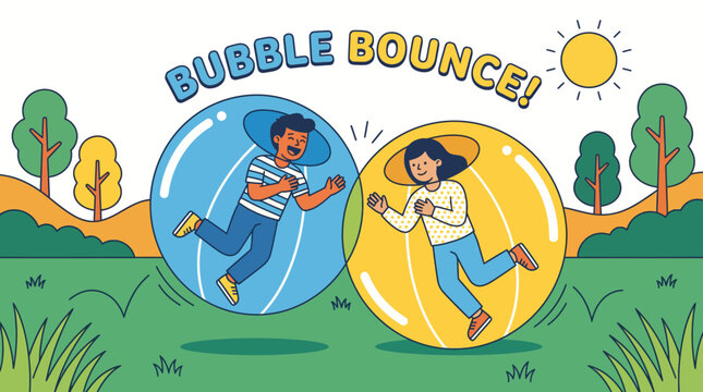 Kids playing bubble bounce game in sunny park illustration