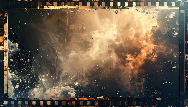 Vintage film strip frame with distressed texture, light leaks, dust particles, scratch overlay, nostalgic cinematic atmosphere for movie production