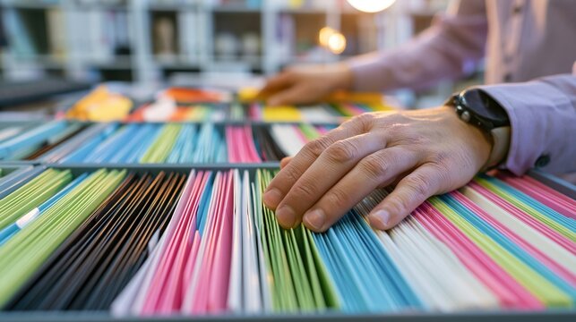 Hands sorting through colorful organized files in a modern office filing cabinet, managing documents