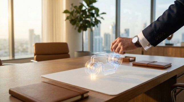 Person's hand touching a glass sphere symbolizing global supply chain realignment and connectivity in modern economy