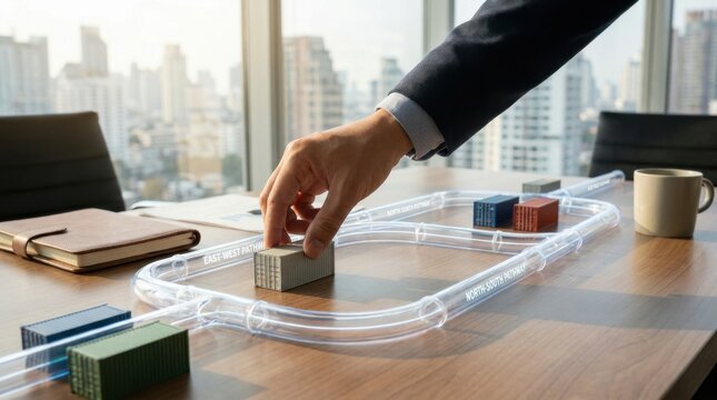 Person's hand resting on table with a city model representing urban development and supply chain realignment concept