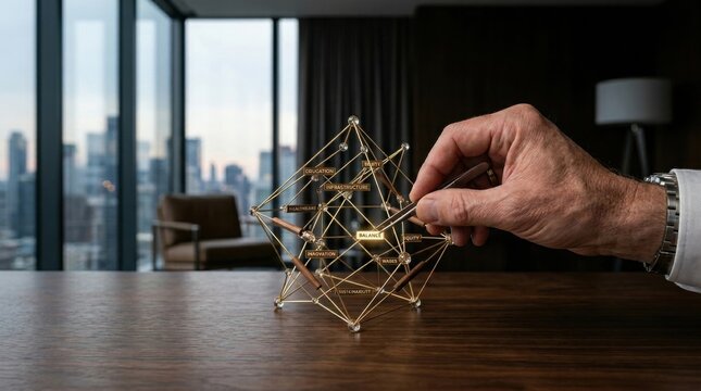 Man's hand holding a gold model cube representing economic framework and organizational structure in modern business