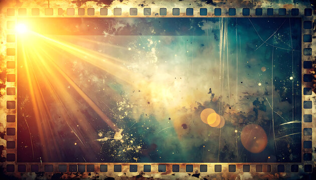 Vintage film strip frame with light leak, dust and scratches, retro cinematic texture overlay, old cinema reel border