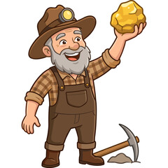 Naklejka premium A smiling cartoon miner holds a large gold nugget in his hand standing next to a pickaxe.
