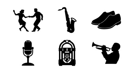 Retro Jazz Music Icons: Dancing Couple, Saxophone, Jukebox, Trumpet Player, Microphone, Shoes © mehrima