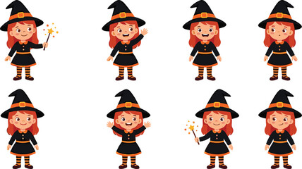 Cute Little Witch Cartoon Character Set with Various Poses and Expressions for Halloween Kids Vector Illustration, Greetings, and Digital Assets © riham
