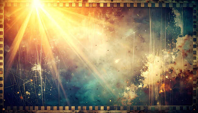Vintage film strip frame with light leaks, dust, scratches and distressed texture overlay