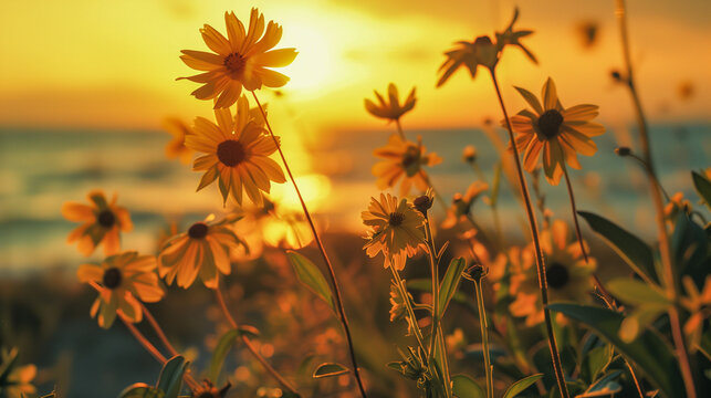 Yellow daisies blooming in the backlight against a sunset over the sea.