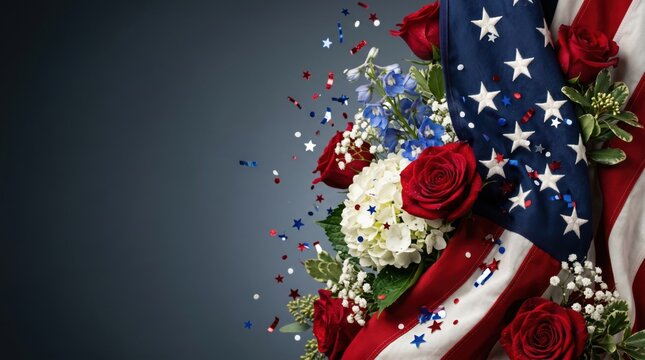 American flag with patriotic flower bouquet of red roses white hydrangea and blue blossoms for independence day celebration greeting card banner background with flying star confetti copy space