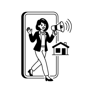 Property Marketing Megaphone Smartphone Promotion Line Icon Illustration