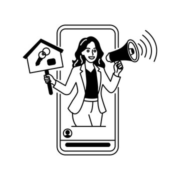 Online Real Estate Promotion House Key Megaphone Line Icon Illustration