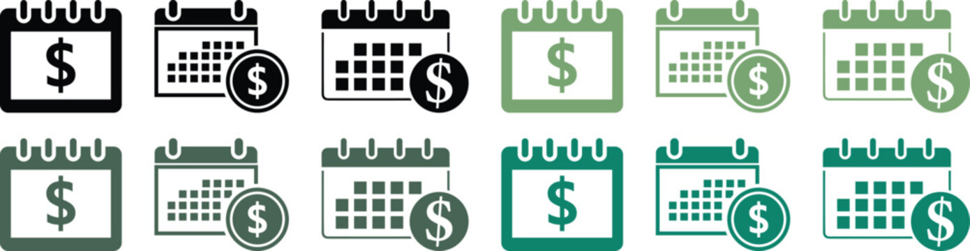 Calendar icons with dollar sign symbol for financial deadline payment and business schedule planning in black gray and green color styles