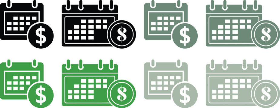 Calendar icons with dollar sign coin representing financial planning budget schedule payment deadline and tax filing time in various colors