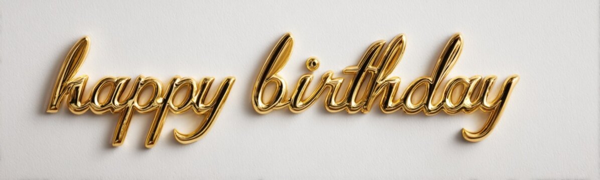 Happy birthday text in metallic gold script font on a light grey for celebration greeting card design