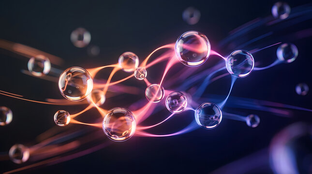 Neon atomic structure, glowing molecules, quantum physics concept, scientific illustration