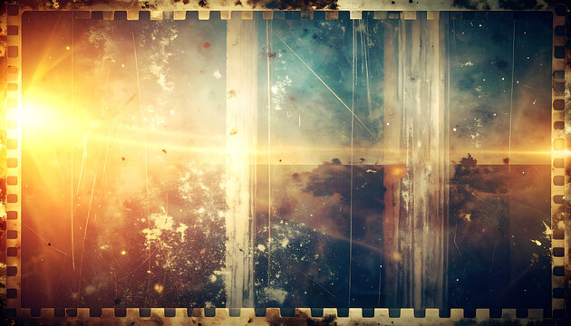Vintage film strip overlay with dust, scratches, light leaks, and cinema reel frame border, perfect for retro texture effects