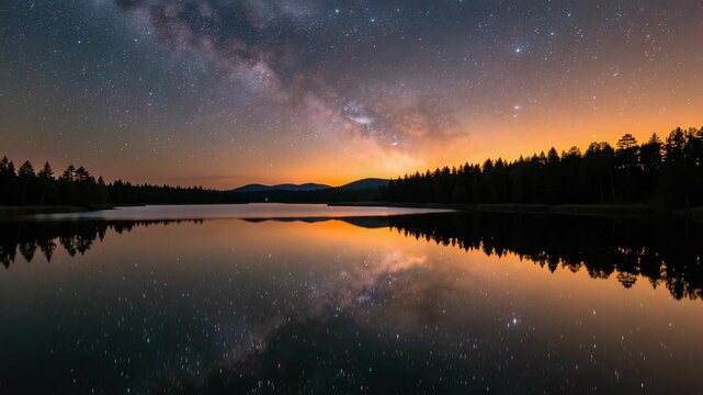 A tranquil lake mirroring the starlit night sky and the warm hues of a distant sunset.