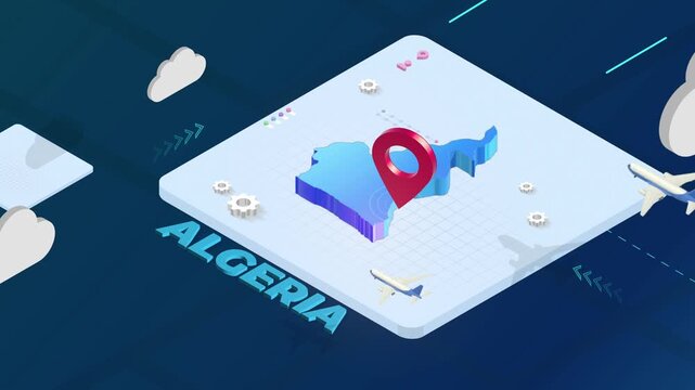 Isometric 3D Render of Algeria Map with Red Location Pin Pointer and Floating Airplanes