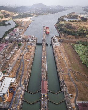 Aerial view, cargo ship at the lock in the Panama Canal from above, Mirador Miraflores, Panama