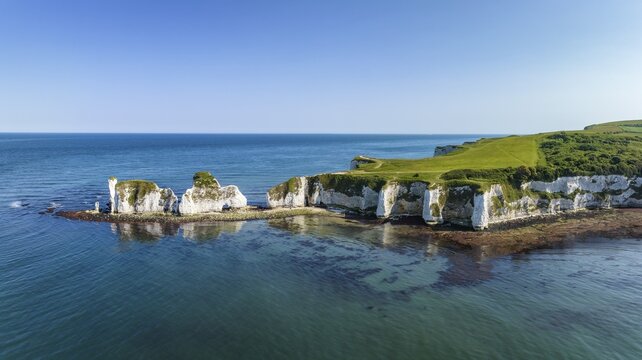 Aerial panorama of the chalk coast Old Harry Rocks, Jurassic Coast, Isle of Purbeck, Dorset, England, United Kingdom