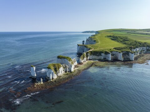 Aerial view of the chalk coast Old Harry Rocks, Jurassic Coast, Isle of Purbeck, Dorset, England, United Kingdom
