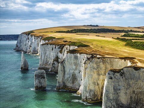 White Cliffs of Old Harry Rocks Jurassic Coast from a drone, Handfast Point, Dorset Coast, Poole, Dorset, England, United Kingdom