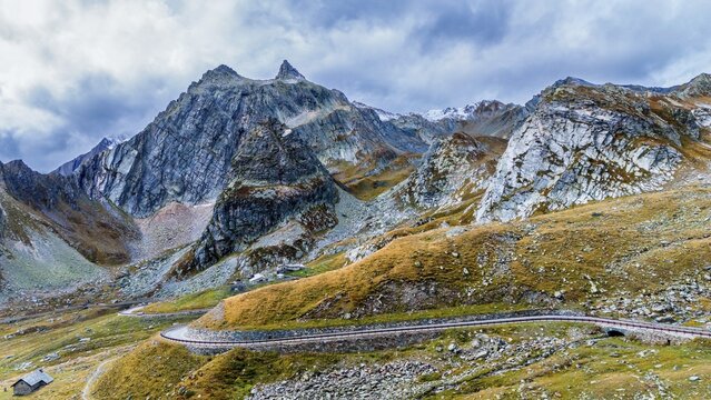 Aerial view of road to border pass Great Sankt Bernhard (Col du Grand Saint-Bernard), valley Aostatal, Region Vall&eacute;e d'Aoste, Wallis Alps, Switzerland