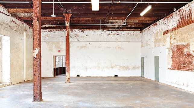 A sunlit, empty industrial warehouse interior with tall wooden columns and weathered brick walls