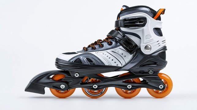 A single inline skate with orange wheels and black, white, and grey detailing, shown from the side on a white background.