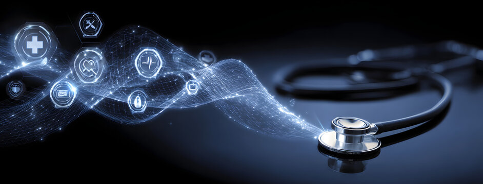 Medical stethoscope surrounded by a glowing wave of connected healthcare and technology icons.