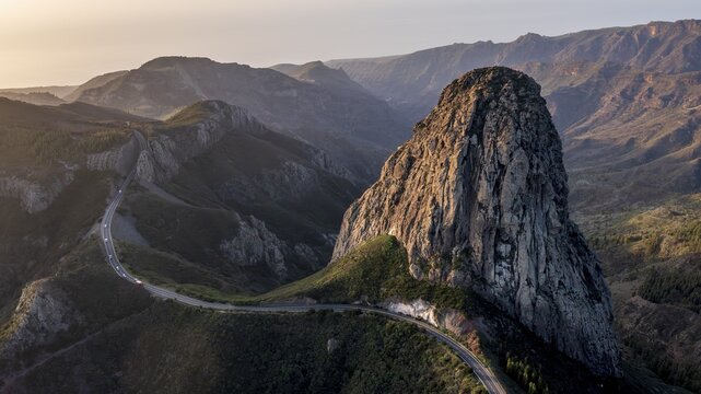 Roque de Agando rock tower at sunrise, Monumento Natural de los Roques, La Gomera, Canary Islands, Spain