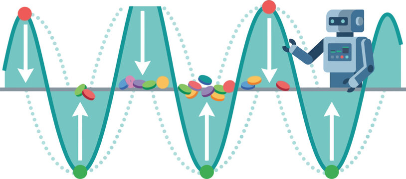 Robot manages financial market volatility by balancing colorful coins across a fluctuating sine wave graph.