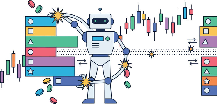 Robot engineer sorts diverse geometric shapes and coins while candlestick charts monitor trading activity.