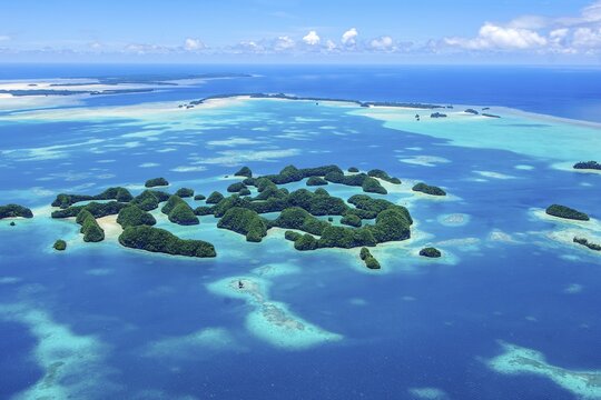 Aerial view of 70 Seventy Islands Rock Islands in island paradise island state Palau in the Pacific West Pacific, Republic of Palau, Micronesia, Australia, Oceania