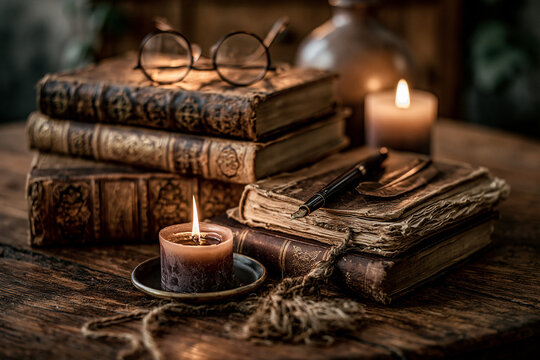 Candle reflection on antique books, fountain pen and glasses, dark academia aesthetic 