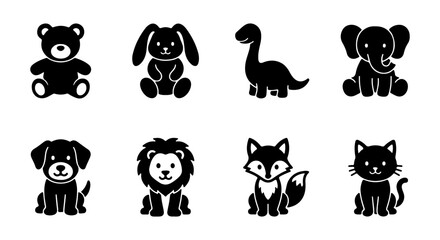 Fototapeta premium Cute Black Animal Icons Set, Vector Graphics for Kids, Teddy Bear, Bunny, Dinosaur, Elephant