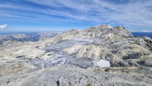Remains of the &Uuml;bergossene Alm glacier on the Hochk&ouml;nig, symbol of glacier decline, view of the summit with the Matrashaus, Berchtesgaden Alps, Austria