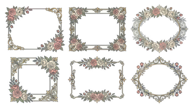 Vintage floral frame collection with roses and ornate scrolls