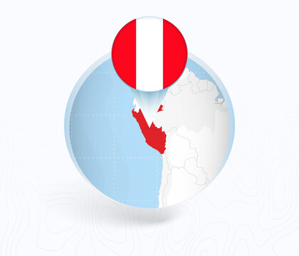 Peru Map with Round Peru Flag Pin Pointer on Circular Globe.