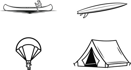 Fototapeta premium Set of adventure and camping line icons with adventure surfboard parachute recreation vacation equipment